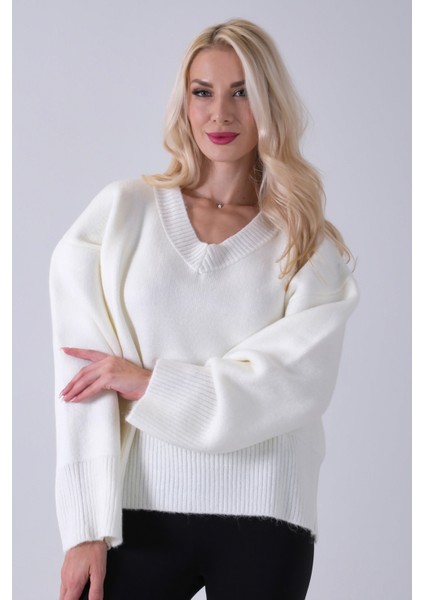 Ekru V Yaka Beli Lastikli Triko Kazak 46892623.147