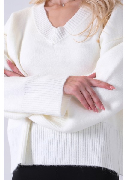 Ekru V Yaka Beli Lastikli Triko Kazak 46892623.147