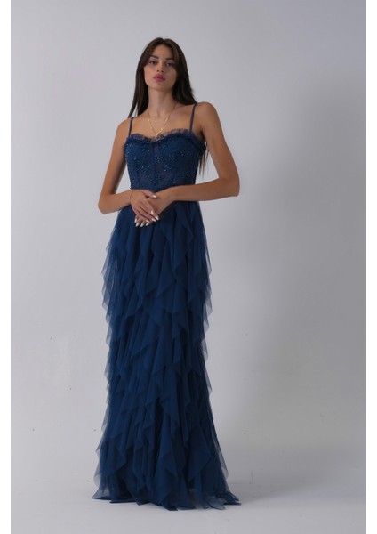 Koyu Indigo Transparan Taşlı Eteği Fırfırlı Abiye 9705034.457