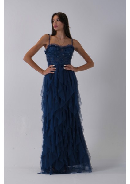Koyu Indigo Transparan Taşlı Eteği Fırfırlı Abiye 9705034.457 fiyatları