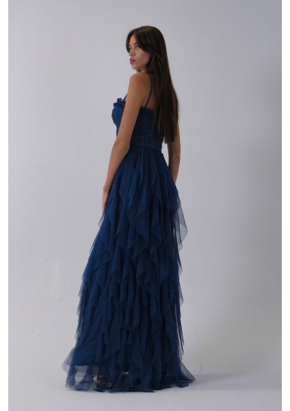 Koyu Indigo Transparan Taşlı Eteği Fırfırlı Abiye 9705034.457 modelleri
