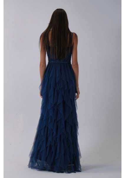 Koyu Indigo Transparan Taşlı Eteği Fırfırlı Abiye 9705034.457 fırsatları