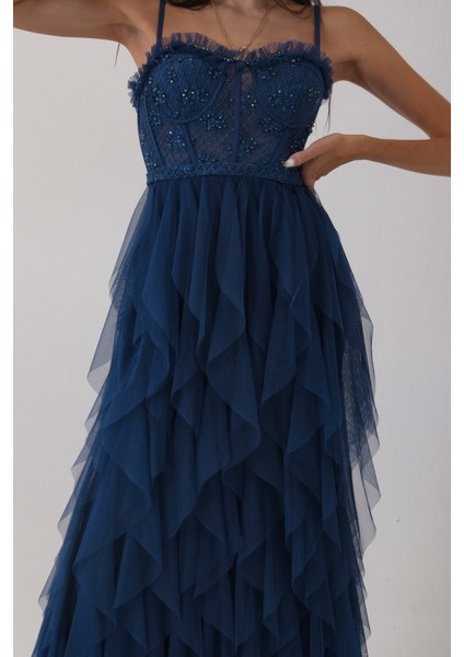 Koyu Indigo Transparan Taşlı Eteği Fırfırlı Abiye 9705034.457