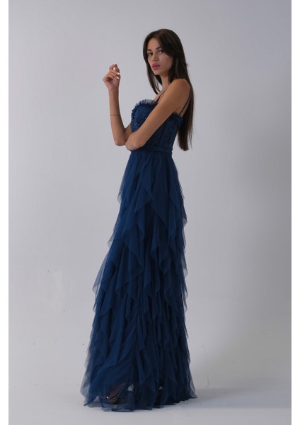 Koyu Indigo Transparan Taşlı Eteği Fırfırlı Abiye 9705034.457