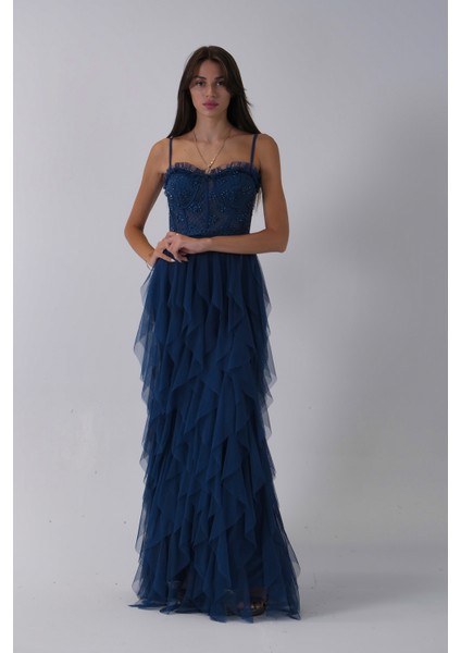 Koyu Indigo Transparan Taşlı Eteği Fırfırlı Abiye 9705034.457
