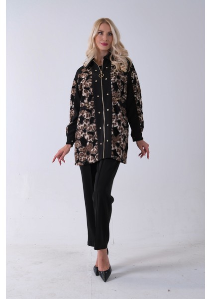 Siyah Üzeri Leopar Desenli Belden Lastikli Pantolon Tunikli Takım 4701402.01 modelleri