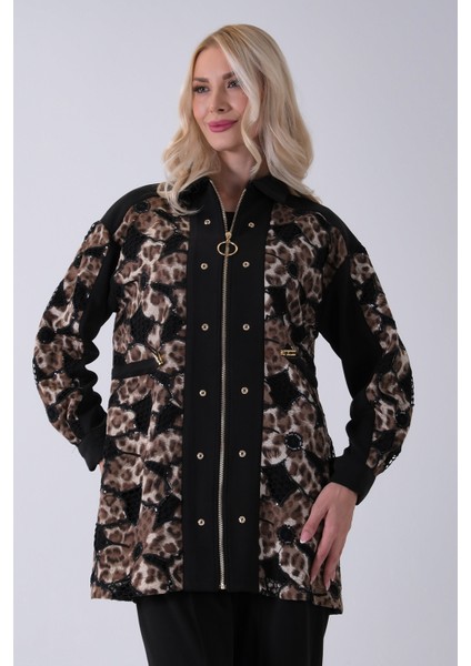 Siyah Üzeri Leopar Desenli Belden Lastikli Pantolon Tunikli Takım 4701402.01