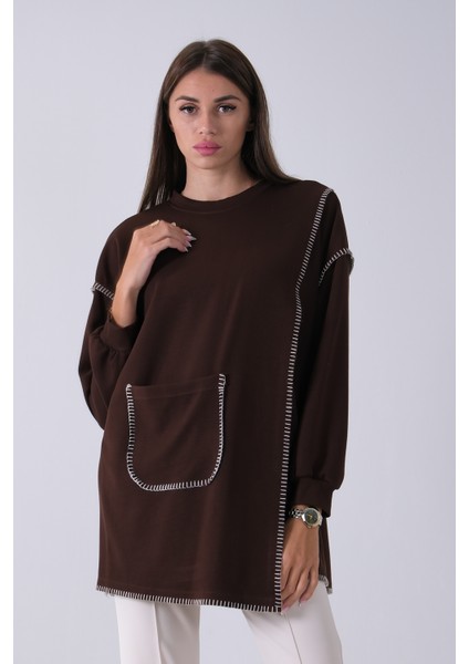 Kahve Önü Kanguru Cep Detaylı Çizgi Dikişli Bisiklet Yaka Tunik 940170263.05 fiyatları