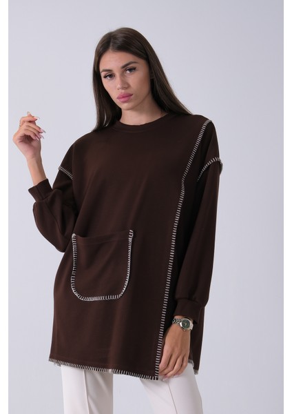 Kahve Önü Kanguru Cep Detaylı Çizgi Dikişli Bisiklet Yaka Tunik 940170263.05 modelleri
