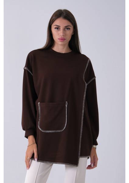 Kahve Önü Kanguru Cep Detaylı Çizgi Dikişli Bisiklet Yaka Tunik 940170263.05 fırsatları