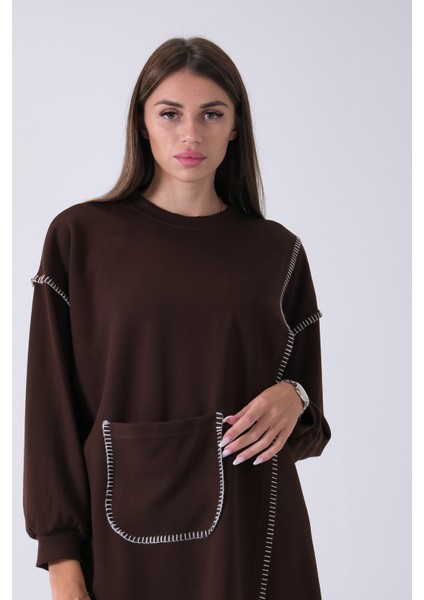 Kahve Önü Kanguru Cep Detaylı Çizgi Dikişli Bisiklet Yaka Tunik 940170263.05