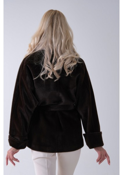 Koyu Kahve Yakası Kürk Detaylı Kemerli Fermuar Kapamalı Kaşe Ceket 5307098.486 indirimleri