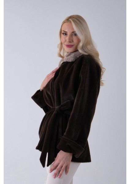 Koyu Kahve Yakası Kürk Detaylı Kemerli Fermuar Kapamalı Kaşe Ceket 5307098.486