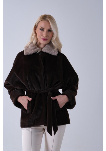 Koyu Kahve Yakası Kürk Detaylı Kemerli Fermuar Kapamalı Kaşe Ceket 5307098.486
