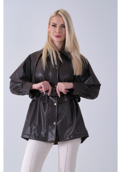 Kahve Yakalı Kendinden Pelerinli Kemerli Deri Ceket 5309366.05