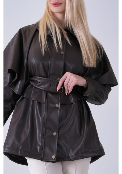 Kahve Yakalı Kendinden Pelerinli Kemerli Deri Ceket 5309366.05