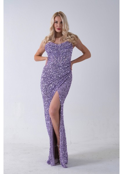 Lavanta Drapeli Parlak Pul Payetli Askılı Abiye 9705539.333