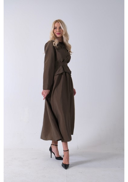 Haki Ceket Cep Görünüm Detaylı Düğme Kapamalı Etekli Takım 5303168.23 indirimleri