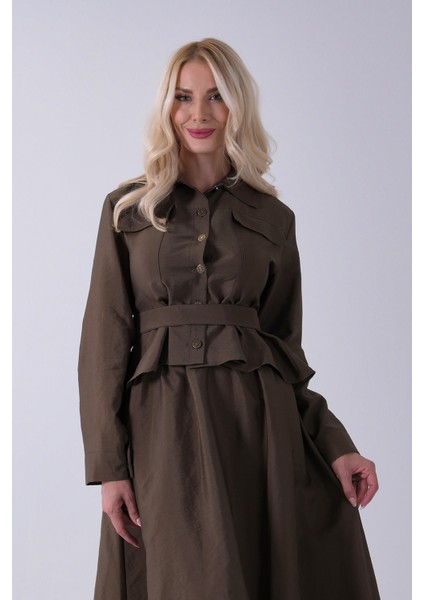 Haki Ceket Cep Görünüm Detaylı Düğme Kapamalı Etekli Takım 5303168.23