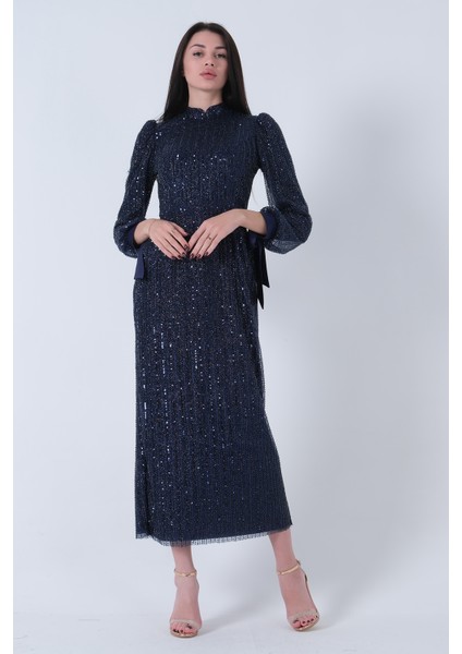 Lacivert Bilek Ucu Saten Kurdele Pullu Tesettür Abiye 6502471.02