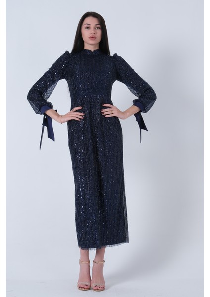 Lacivert Bilek Ucu Saten Kurdele Pullu Tesettür Abiye 6502471.02 fiyatları