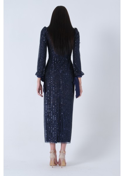 Lacivert Bilek Ucu Saten Kurdele Pullu Tesettür Abiye 6502471.02