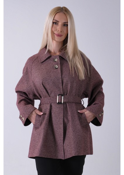 Mürdüm Yaka 2 Düğme Kapamalı Yandan Cepli Kemerli Kaban 4578039.21