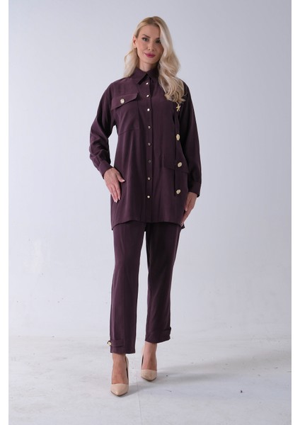 Bordo Göğüs Tek Cep Detaylı Aksesuar Düğmeli Pantolonlu Takım 4701352.04