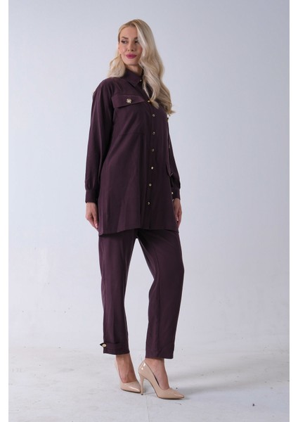 Bordo Göğüs Tek Cep Detaylı Aksesuar Düğmeli Pantolonlu Takım 4701352.04 modelleri