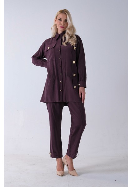 Bordo Göğüs Tek Cep Detaylı Aksesuar Düğmeli Pantolonlu Takım 4701352.04