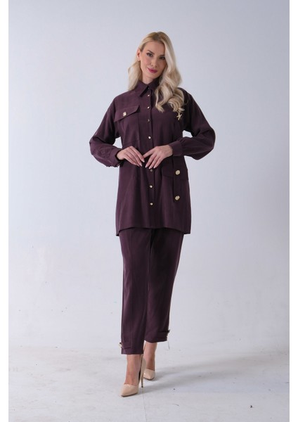 Bordo Göğüs Tek Cep Detaylı Aksesuar Düğmeli Pantolonlu Takım 4701352.04