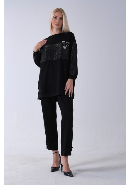 Siyah Üzeri Taş Işleme Desenli Pantolonlu Takım 940120231.01