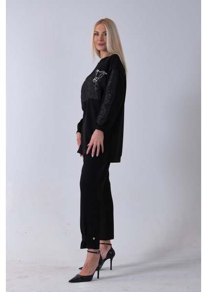 Siyah Üzeri Taş Işleme Desenli Pantolonlu Takım 940120231.01 indirimleri