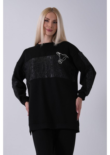 Siyah Üzeri Taş Işleme Desenli Pantolonlu Takım 940120231.01