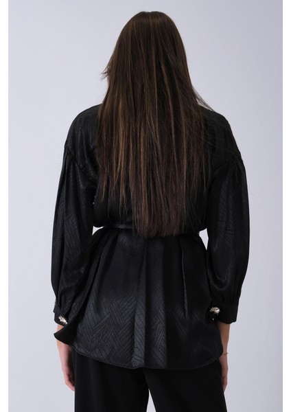 Siyah Gömlek Yaka Düğme Kapamalı Bel Bağlamalı Tunik 4595331.01