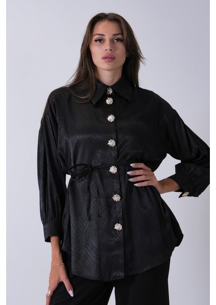 Siyah Gömlek Yaka Düğme Kapamalı Bel Bağlamalı Tunik 4595331.01