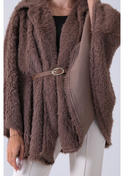 Vizon Tek Düğme Kapamalı Kemerli Yün Peluş Ceket 940140183.34