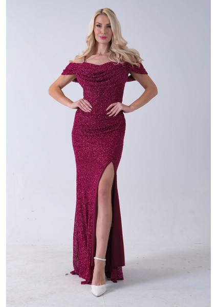 Fuşya Düşük Omuz Yırtmaç Detaylı Pul Payet Abiye 9705646.12