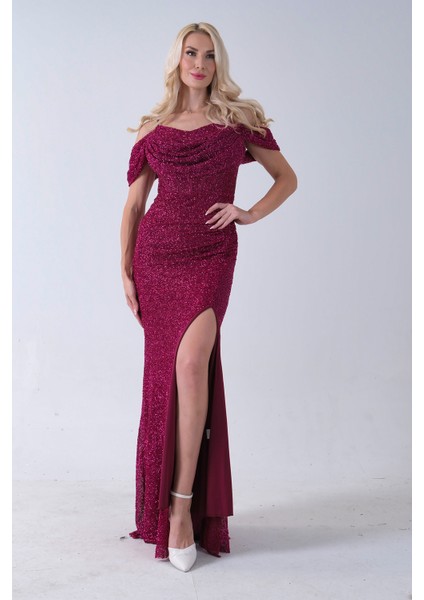 Fuşya Düşük Omuz Yırtmaç Detaylı Pul Payet Abiye 9705646.12 fiyatları