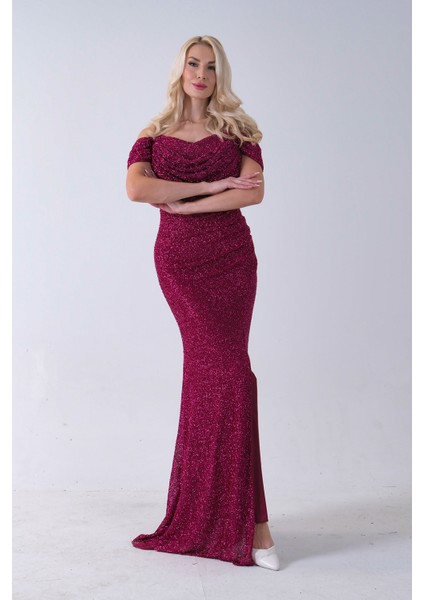 Fuşya Düşük Omuz Yırtmaç Detaylı Pul Payet Abiye 9705646.12 fırsatları