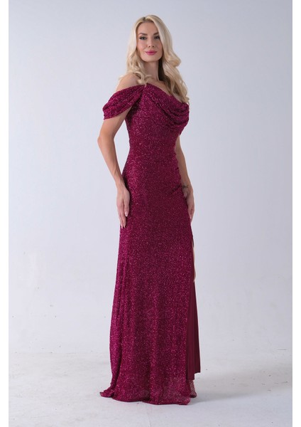 Fuşya Düşük Omuz Yırtmaç Detaylı Pul Payet Abiye 9705646.12 indirimleri