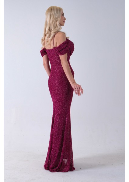 Fuşya Düşük Omuz Yırtmaç Detaylı Pul Payet Abiye 9705646.12