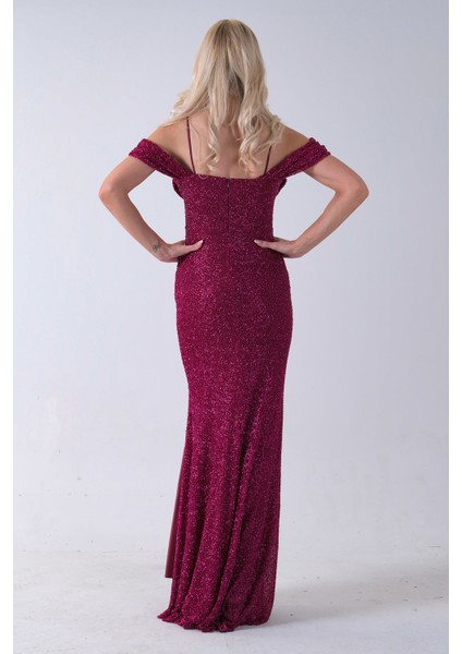 Fuşya Düşük Omuz Yırtmaç Detaylı Pul Payet Abiye 9705646.12