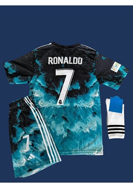 Realmadrid Ronaldo Mavi Dalgalı Özel Tasarım Çocuk Futbol Forması 4'lü Takım