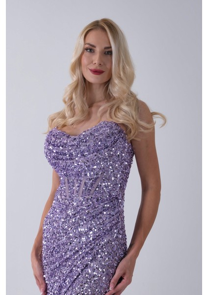 Lavanta Drapeli Parlak Pul Payetli Askılı Abiye 9705539.333