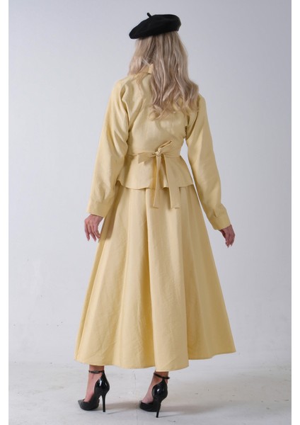 Sarı Ceket Cep Görünüm Detaylı Düğme Kapamalı Etekli Takım 5303168.11