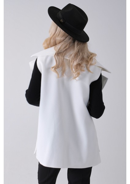 Ekru Yakalı Cepli 2 Düğmeli Kemer Bağlamalı Kaşe Yelek 5307107.147