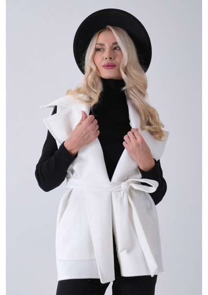 Ekru Yakalı Cepli 2 Düğmeli Kemer Bağlamalı Kaşe Yelek 5307107.147