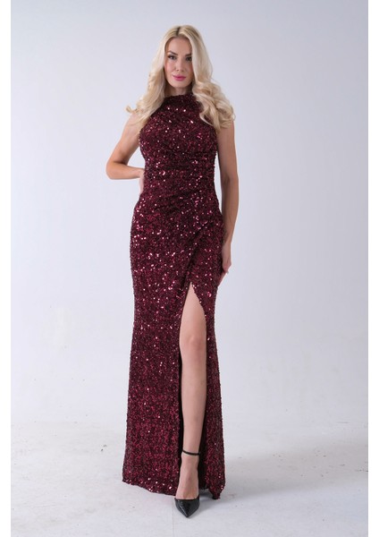 Bordo Bisiklet Yaka Kolsuz Yırtmaç Detaylı Pul Payet Abiye 9705482.04