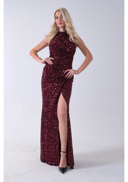 Bordo Bisiklet Yaka Kolsuz Yırtmaç Detaylı Pul Payet Abiye 9705482.04 fiyatları